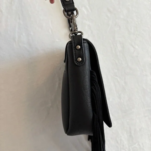 Montana West black leather Fringe Mariposa silver turquoise cross body bag purse - Picture 11 of 16